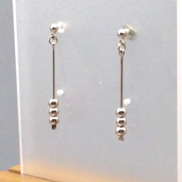 Minimalist Dangle Bar Earrings, Vintage Silver Tone Beaded Drop Studs - Picture 3 of 4